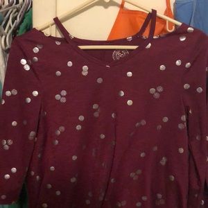 3/4 sleeve purple shirt with silver polka dots